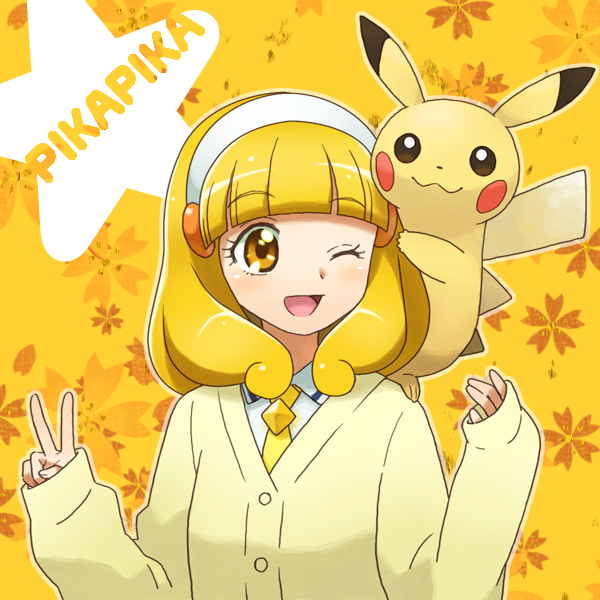 1girl, 1other, ;d, animal, blonde_hair, cardigan, creatures_(company), crossover, enu_(spinal), floral_background, game_freak, hairband, kise_yayoi, mouse, nintendo, olm_digital, ootani_ikue, open_mouth, pika_pika_pikarin_jankenpon, pikachu, pokemon, pokemon_(creature), power_connection, precure, seiyuu_connection, short_hair, smile, smile_precure!, studio_connection, v, wink, yellow, yellow_background, yellow_eyes