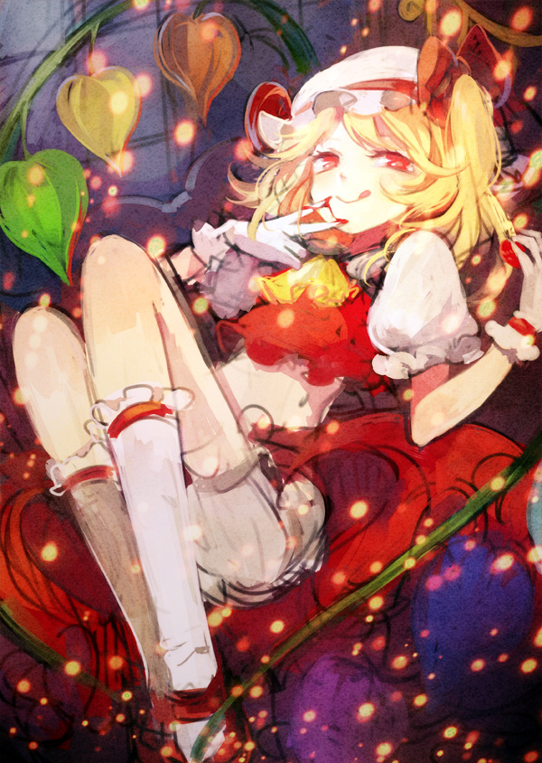 :q, ascot, blonde_hair, blood, bloomers, chinese_lantern, flandre_scarlet, gloves