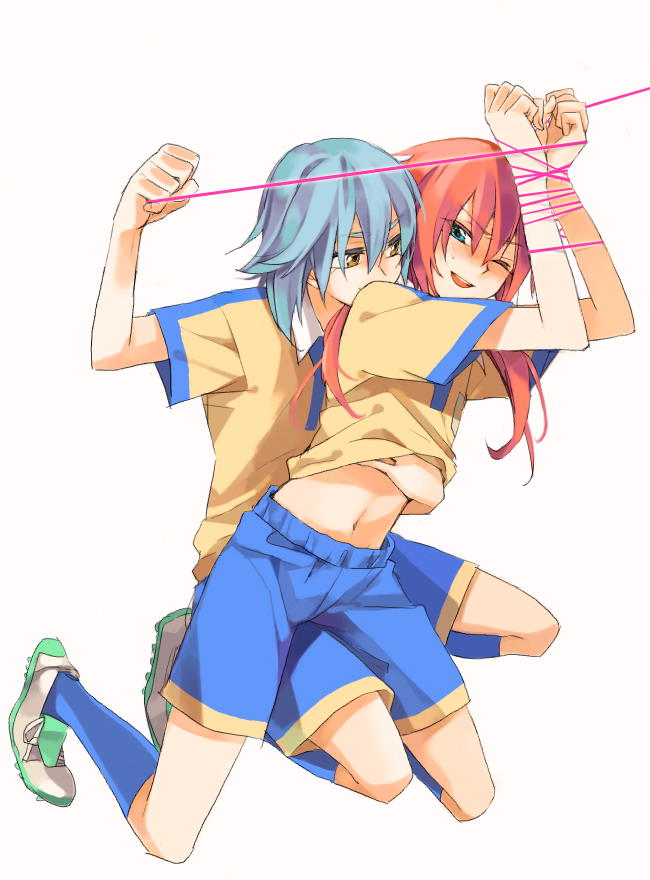 :d, blue_eyes, blue_hair, blush, bound_arms, footwear, hand_under_clothes, hand_under_shirt, inazuma_eleven, inazuma_eleven_(series), inazuma_eleven_go, kariya_masaki, kirino_ranmaru, long_hair, male, multiple_boys, navel, nodobotokemax, open_mouth, pink_hair, pulling, shorts, simple_background, smile, soccer_uniform, socks, tied_arms, white_background, wink, yaoi, yellow_eyes