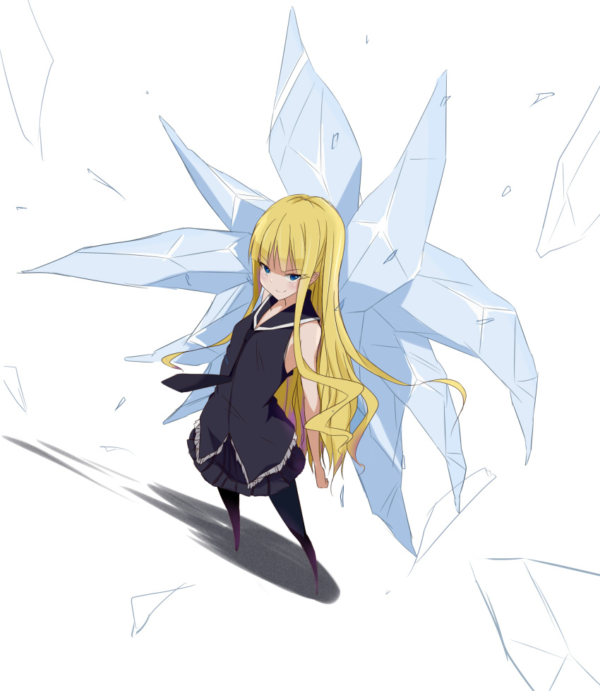 bare_shoulders, black_legwear, blonde_hair, blue_eyes, evangeline_a_k_mcdowell, flat_chest, highres, ice