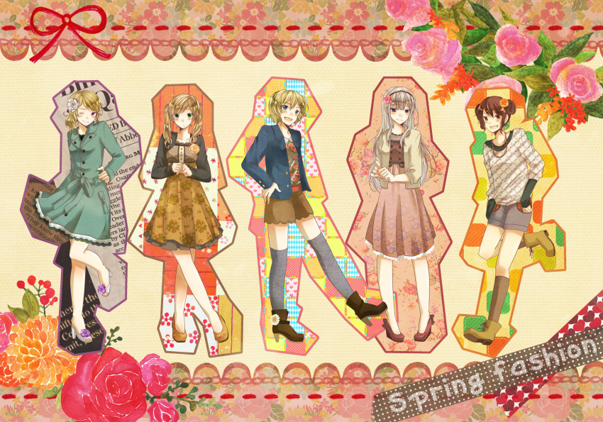america_(hetalia), axis_powers_hetalia, blonde_hair, blue_eyes, boots, brown_eyes, brown_legwear, china_(hetalia), coat, double_bun, dress, flower, footwear, france_(hetalia), genderswap, green_eyes, grey_legwear, hair_flower, hair_ornament, headband, highres, jewelry, long_hair, momiy63, multiple_girls, necklace, no_glasses, purple_eyes, russia_(hetalia), short_hair, side_ponytail, skirt, socks, thigh-highs, thighhighs, twintails, united_kingdom_(hetalia), violet_eyes, wink
