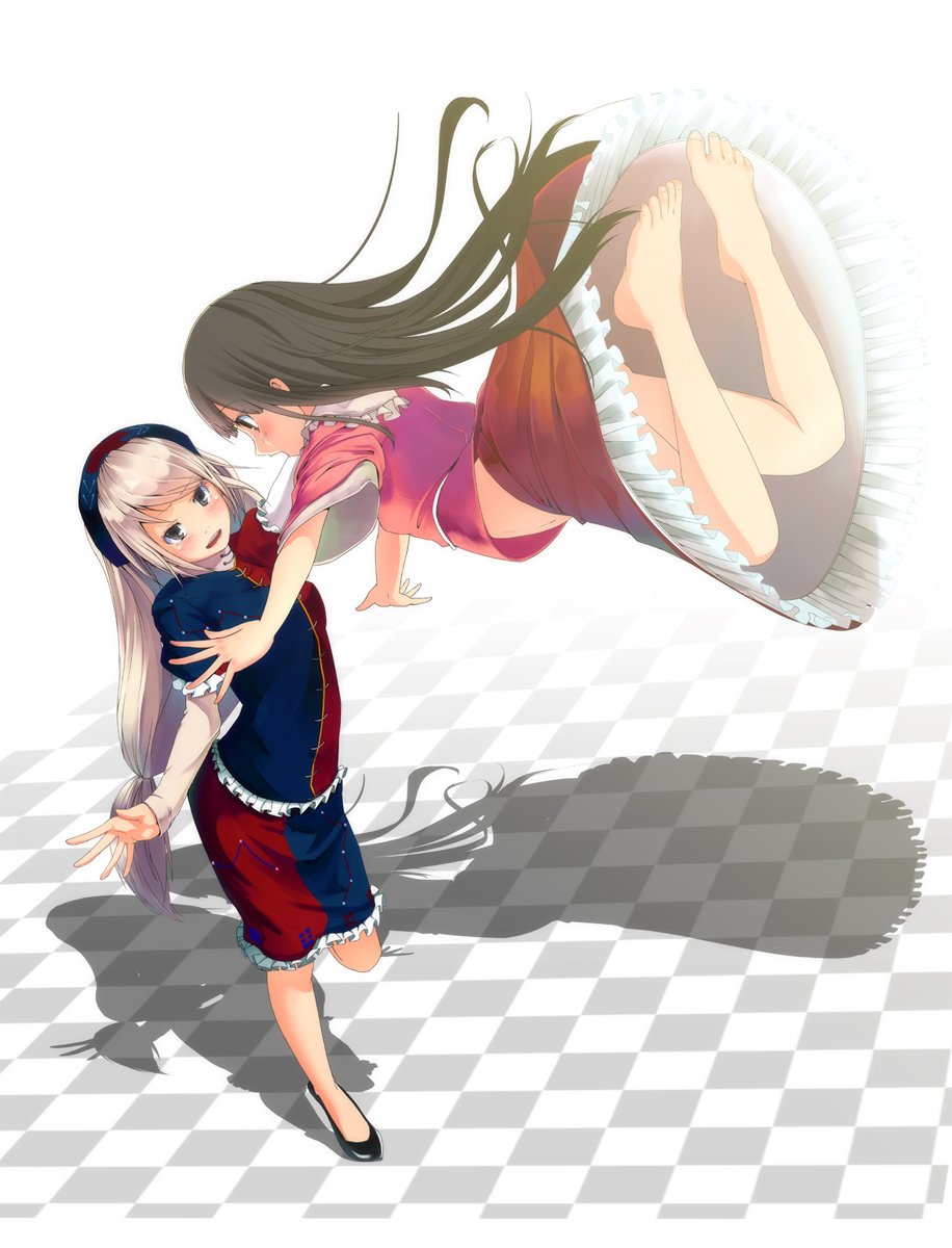 alternate_hairstyle, bad_id, barefoot, black_eyes, black_hair, checkered, checkered_floor, feet