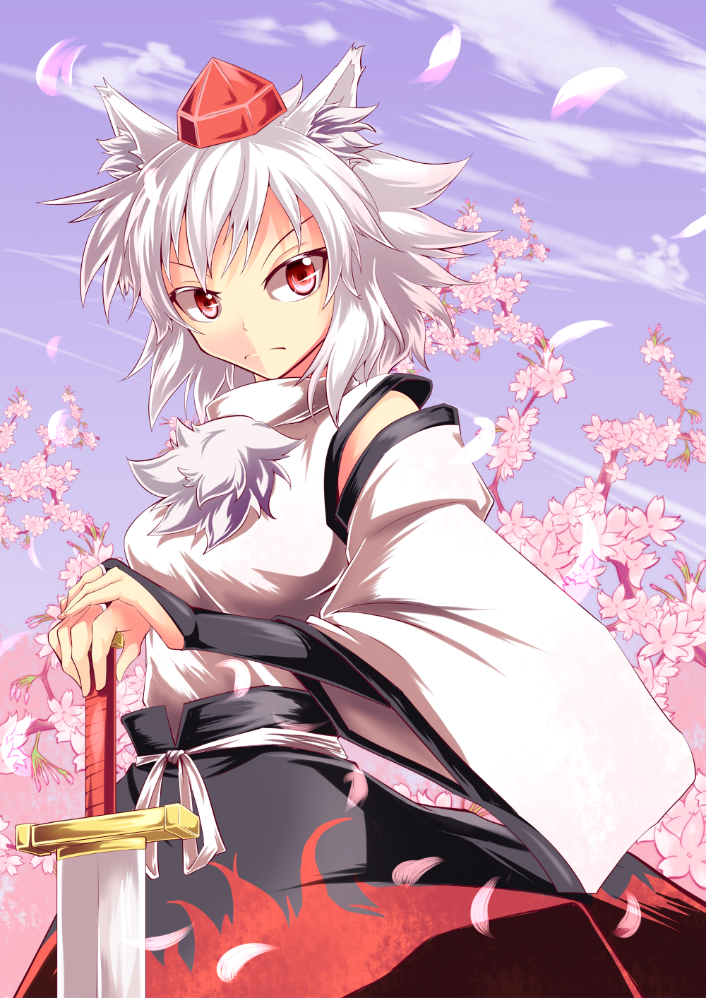 1girl, animal_ears, breasts, bridal_gauntlets, cherry_blossoms, cloud, detached_sleeves, female, frown, hands_on_hilt, hat, highres, inubashiri_momiji, miracle_hinacle, petals, red_eyes, sash, serious, short_hair, skirt, sky, solo, sword, tail, tokin_hat, touhou, weapon, white_hair, wolf_ears, wolf_tail