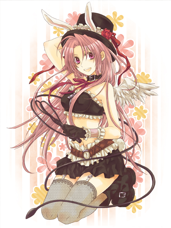 angel_wings, animal_ears, arm_up, bare_shoulders, belt, boots, buckle, bunny_ears