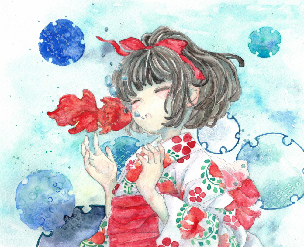 black_hair, bow, bubble, closed_eyes, eyes_closed, fish, hair_bow, japanese_clothes, kimono, long_hair, original, ponytail, solo, traditional_media, tugumi0w0, underwater, watercolor_(medium)
