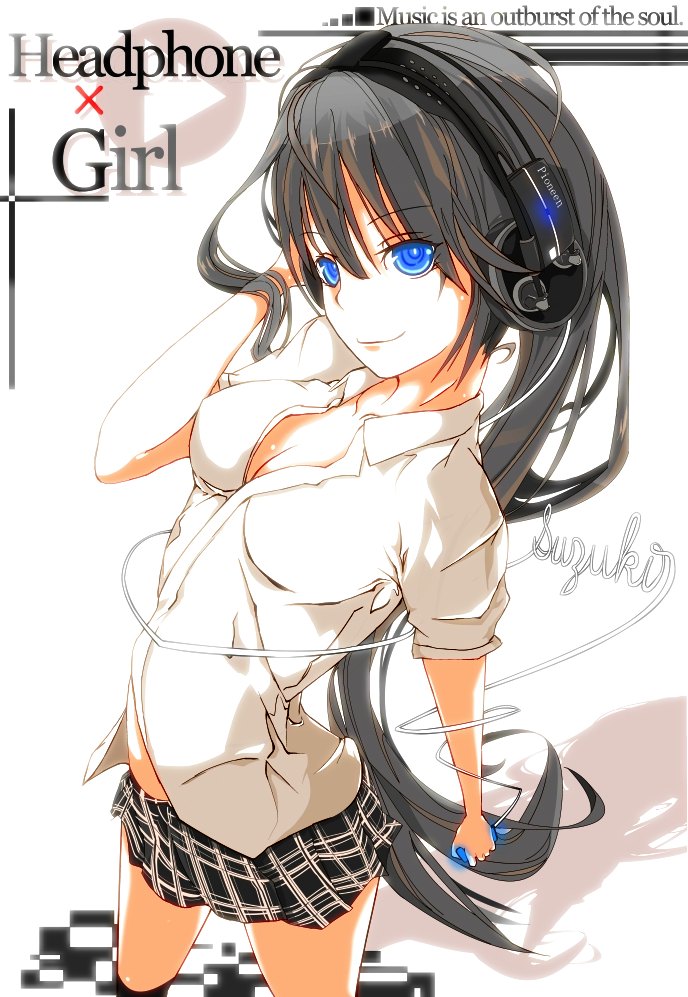 blue_eyes, headphones, kikutiglasses, original, plaid, plaid_skirt, skirt