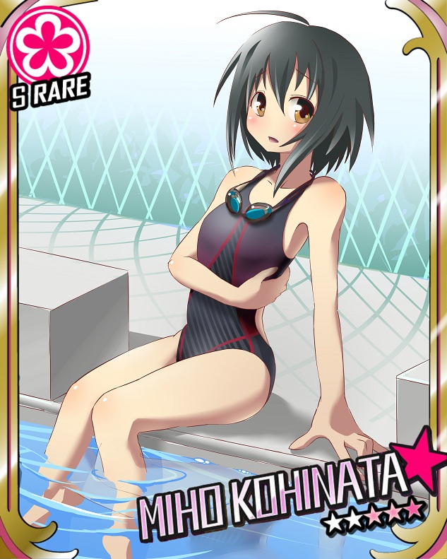 black_hair, brown_eyes, character_name, cinderella_girls_card_parody, competition_swimsuit, feet_in_water, flower, goggles