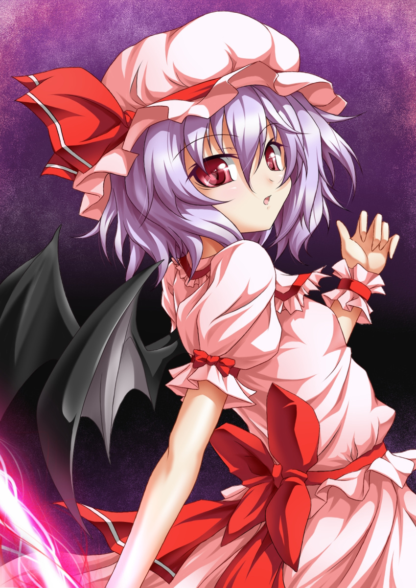 arm_up, bat_wings, bow, gungnir, hat, hat_ribbon, highres, open_mouth