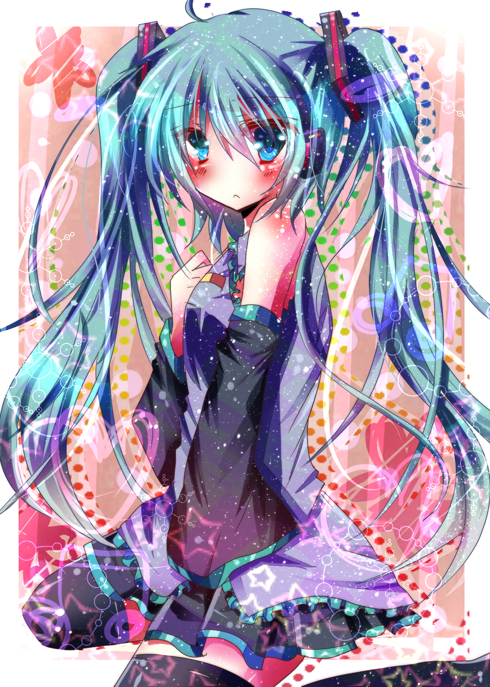 :<, ahoge, bare_shoulders, blue_eyes, blue_hair, blush, detached_sleeves, hand_on_own_chest