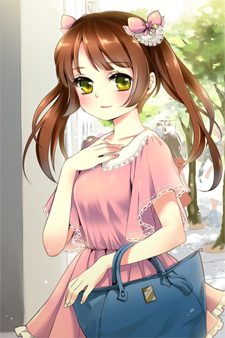 arm_up, bag, blush, brown_hair, collarbone, dress, green_eyes, holding