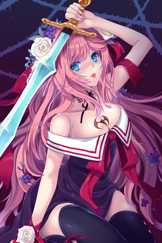 arm_up, artist_request, ascot, bangs, bare_shoulders, becky_flina, black_legwear, blue_eyes, collarbone, flower, hair_ribbon, holding, lowres, pink_hair, ribbon, rose, solo, swept_bangs, sword, sword_girls, tattoo, thigh-highs, thighhighs, weapon