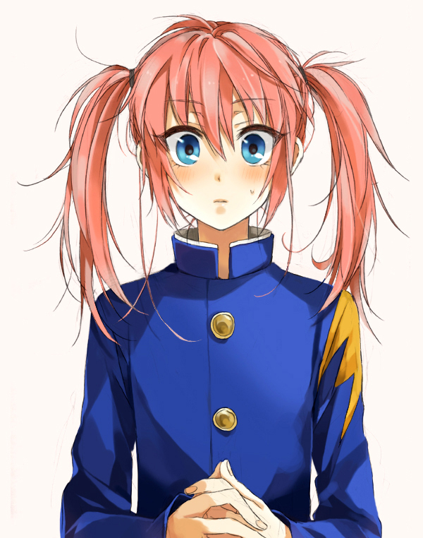 alternate_hairstyle, androgynous, blue_eyes, blush, gakuran, hands_clasped, inazuma_eleven, inazuma_eleven_(series)
