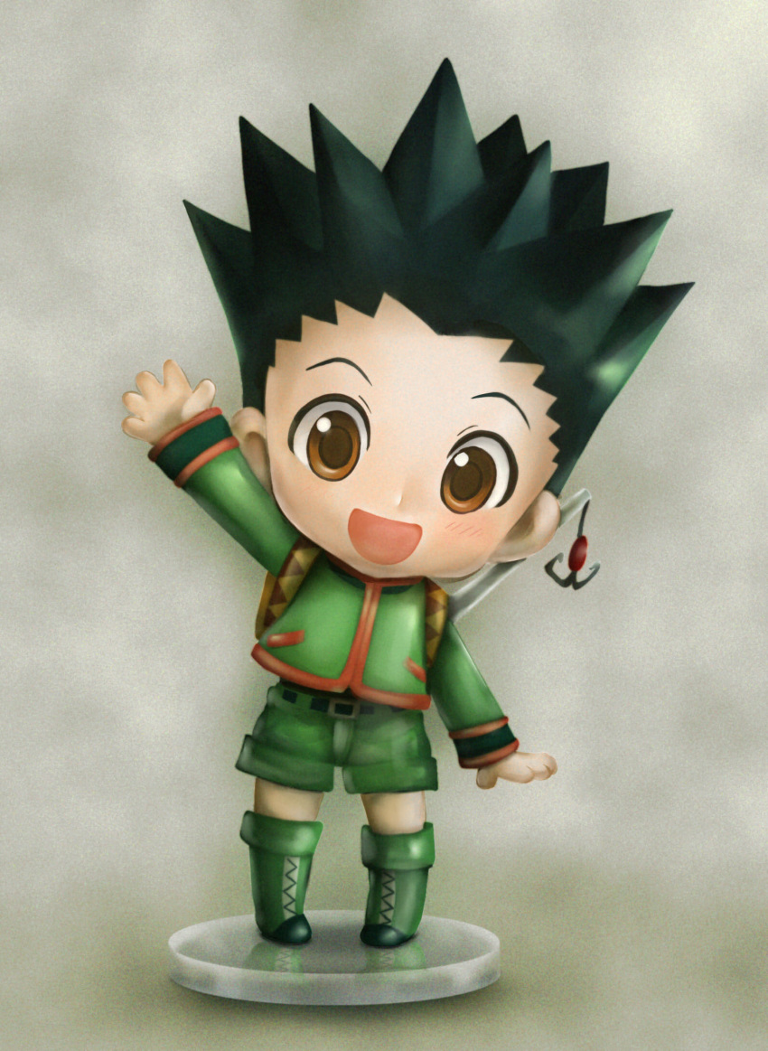 :d, belt, black_hair, boots, brown_eyes, dollyly21, fishing_rod, gon_freecss, highres, hunter_x_hunter, male, open_mouth, shorts, smile, solo, standing, waving