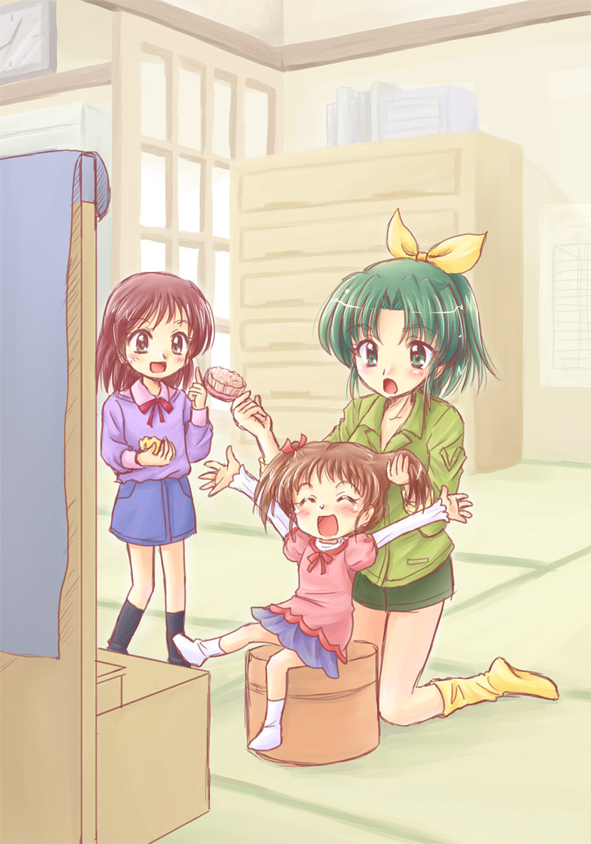 :d, adjusting_hair, akihara_ryo, akihara_ryou, bow, brown_eyes, brown_hair, chest_of_drawers