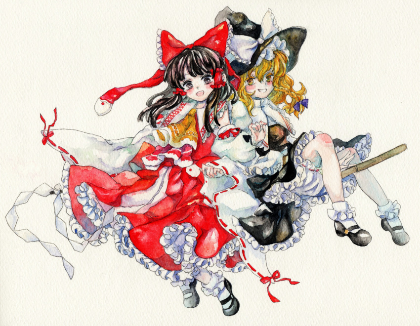 :d, ascot, black_hair, blonde_hair, bloomers, bobby_socks, bow, braid