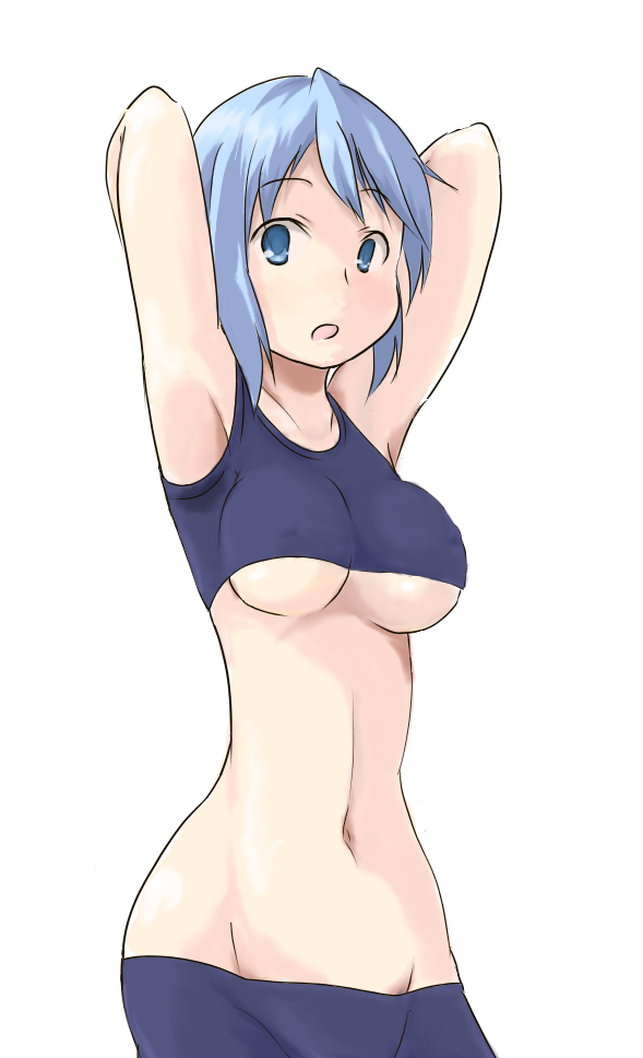 armpits, arms_up, bike_shorts, blue_eyes, blue_hair, breasts, mahou_shoujo_madoka_magica, midriff, miki_sayaka, navel, neko-takosu, short_hair, solo, sports_bra, under_boob, underboob, white_background
