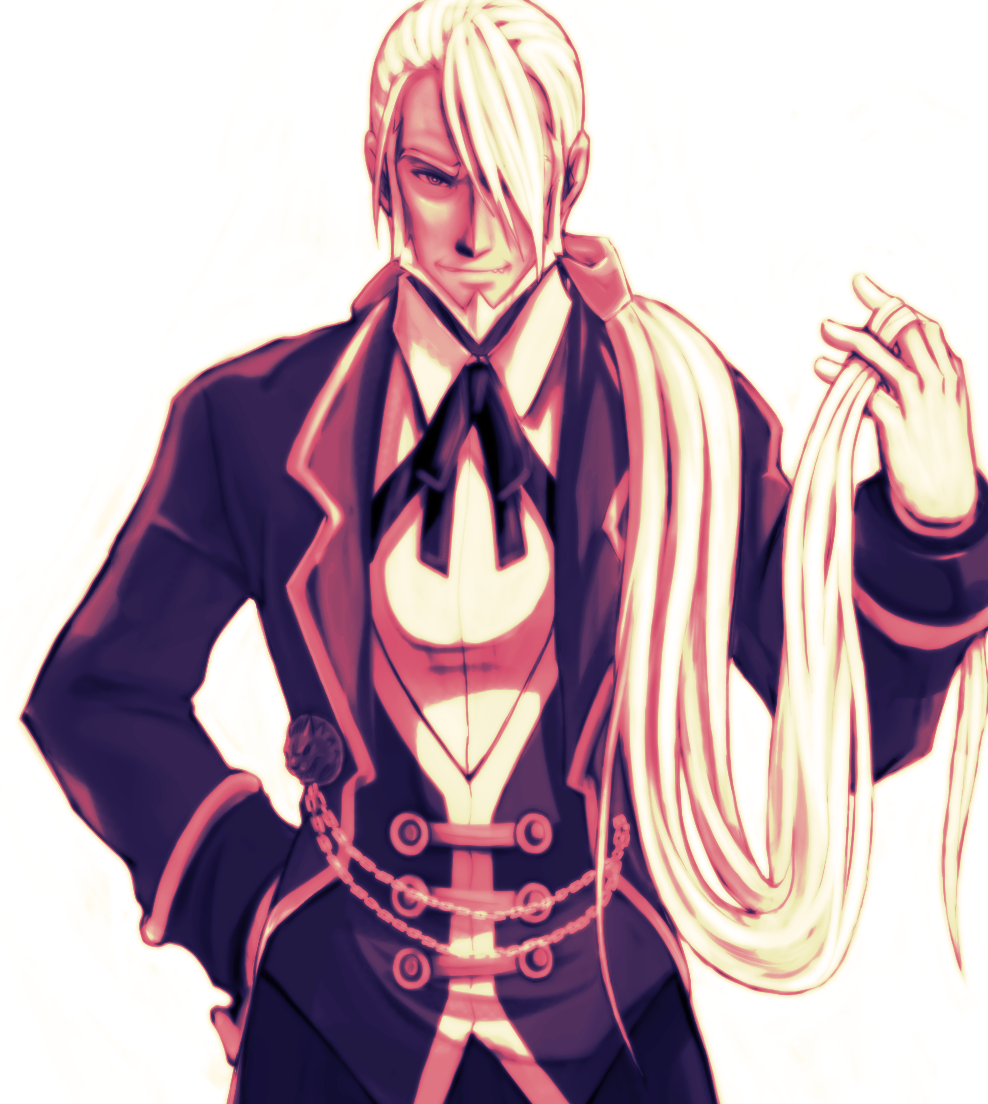 beard, blazblue, facial_hair, formal, gloves, hair_over_one_eye, long_hair, male, ponytail, smile, solo, suit, valkenhayn_r_hellsing, white_background, white_hair, zetsho