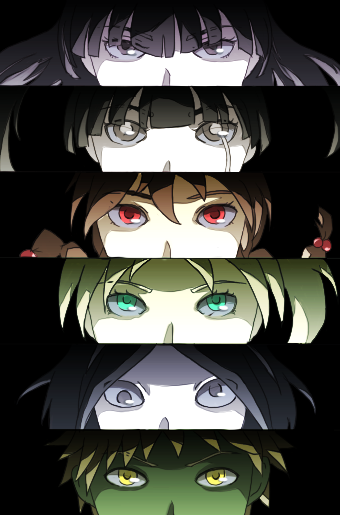 6_9, black_eyes, blonde_hair, braid, brown_hair, column_lineup, green_eyes, green_skin