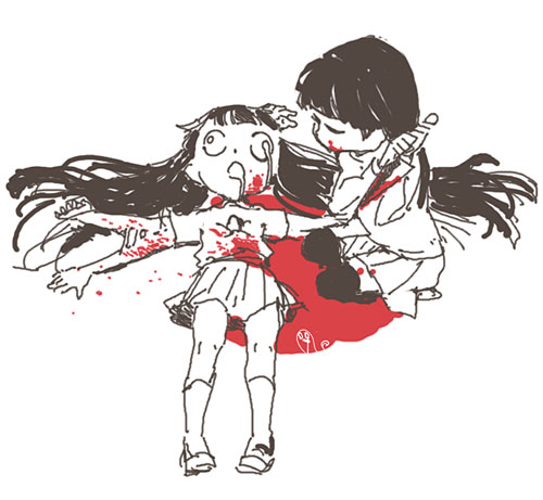 blood, death, extra_arms, kneeling, knife, lowres, lying, madotsuki