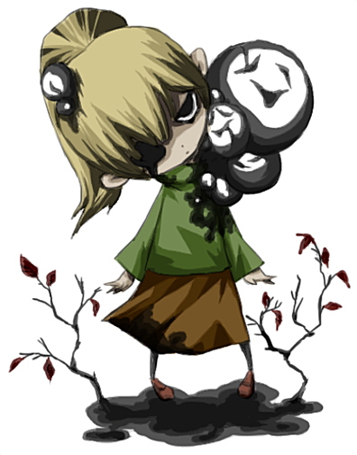 blonde_hair, cochlea, poniko, ponytail, skirt, uboa, white_background, yume_nikki