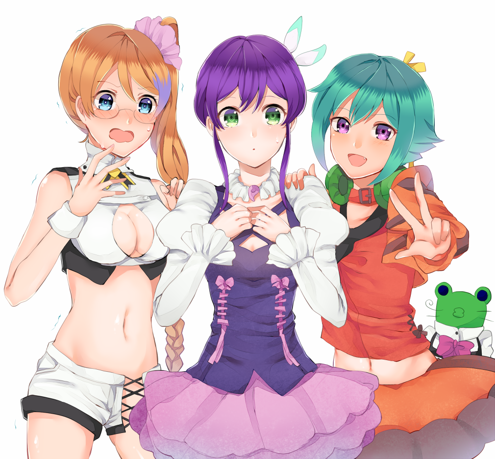 aquarion_(series), aquarion_evol, blue_eyes, blue_hair, blush, breasts, choker, cleavage, cleavage_cutout, cosplay, costume_switch, doll, dress, glasses, green_eyes, green_hair, headphones, jewelry, magatama, midriff, mikono_suzushiro, mikono_suzushiro_(cosplay), mix_(aquarion), mix_(aquarion)_(cosplay), multicolored_hair, multiple_girls, navel, necklace, no_panties, orange_hair, purple_eyes, purple_hair, segami, short_shorts, shorts, side_ponytail, tama_(aquarion), two-ton_hair, two-tone_hair, v, violet_eyes, yunoha_thrul, yunoha_thrul_(cosplay), zessica_wong, zessica_wong_(cosplay)