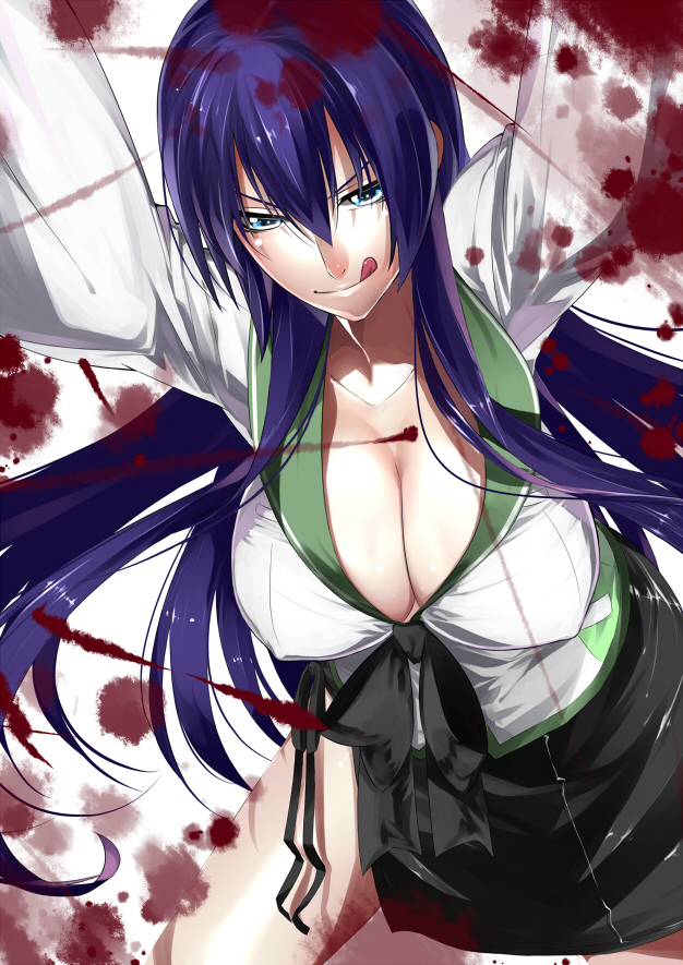 :p, :q, blood, blood_stain, blue_eyes, bow, breasts, busujima_saeko