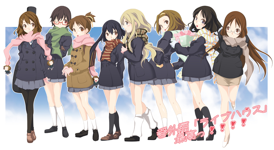 akiyama_mio, beniho_sakura, coat, everyone, hirasawa_ui, hirasawa_yui, k-on!, kotobuki_tsumugi, manabe_nodoka, nakano_azusa, pantyhose, scarf, skirt, tainaka_ritsu, yamanaka_sawako