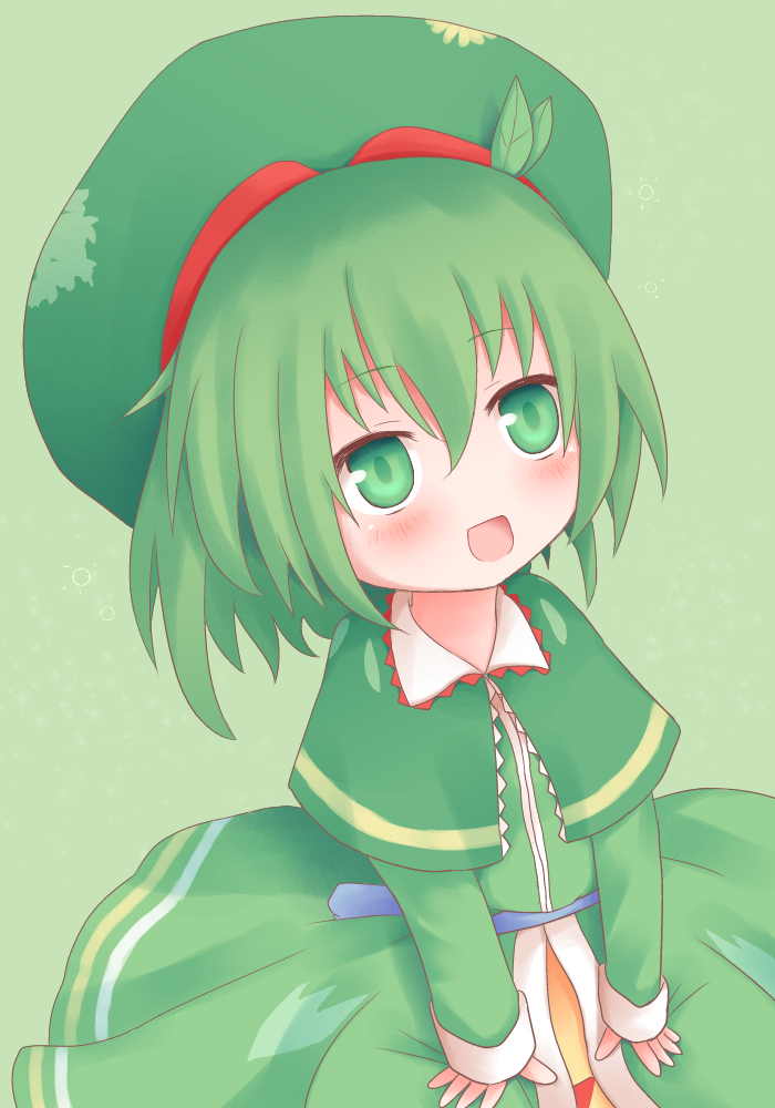 blush, from_above, green_eyes, green_hair, hat, leaf, leaf_on_head, no_nose