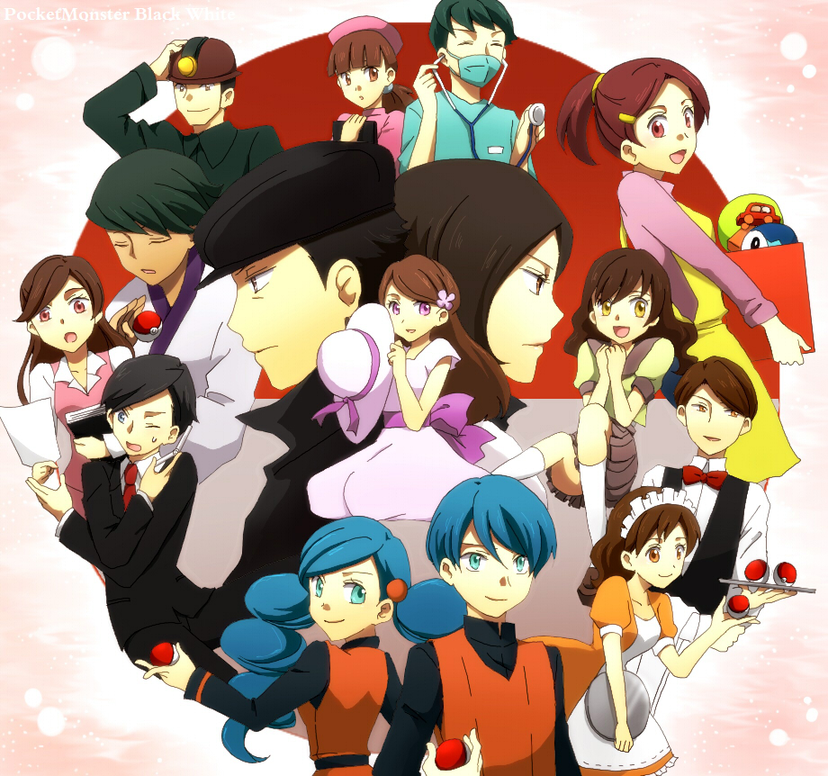 6+girls, ace_trainer_(pokemon), apron, black_hair, blue_hair, bowtie, brown_hair, cellphone