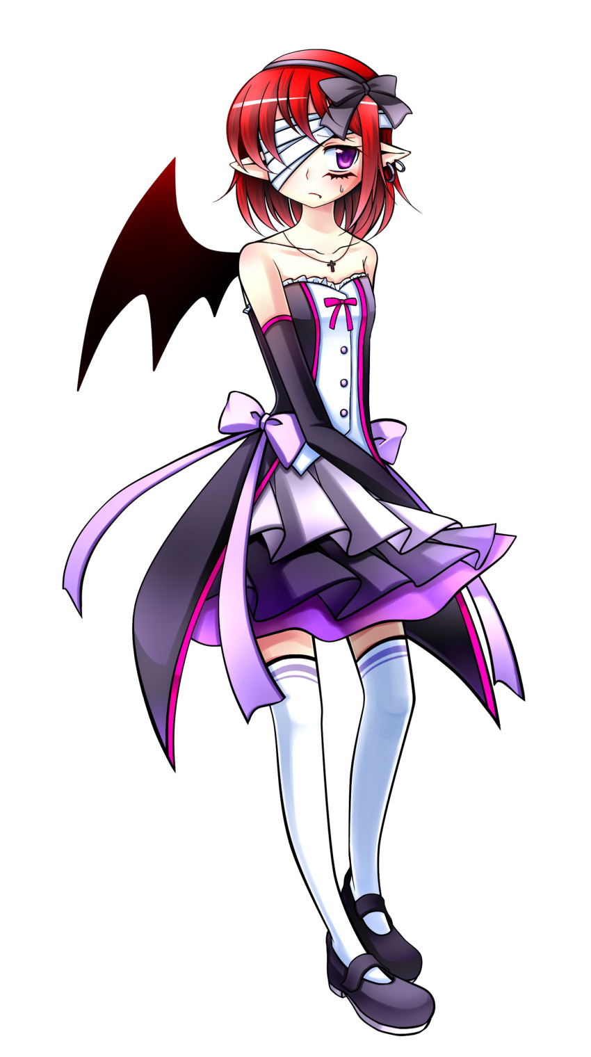 absurdres, bandage, bandages, bare_shoulders, black_wings, blush, cross, earrings