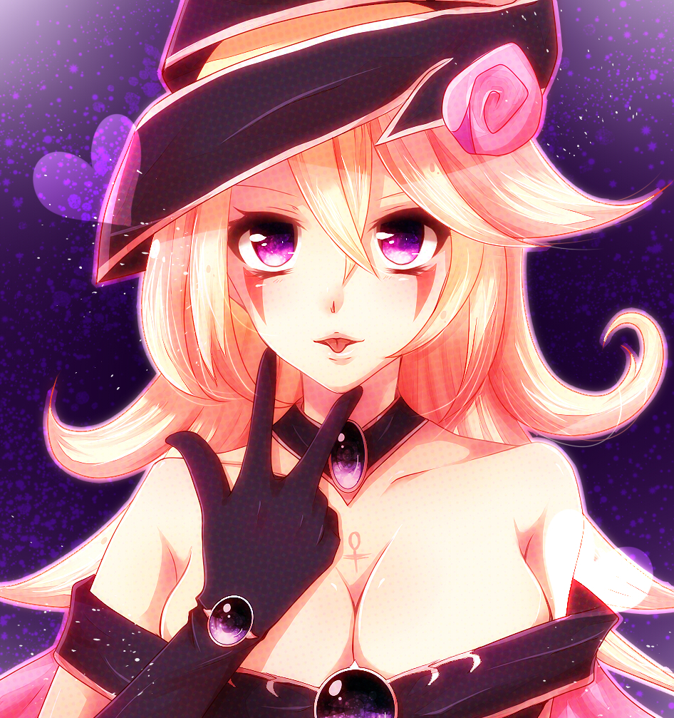 artist_request, blush, breasts, cleavage, dark_magician_girl, duel_monster, hat, heart, magi_magi_magician_gal, yu-gi-oh!, yuu-gi-ou, yuu-gi-ou_duel_monsters