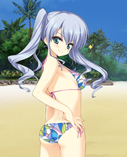 artist_request, ass, beach, bikini, blue_hair, blush, green_eyes, hand_on_hip