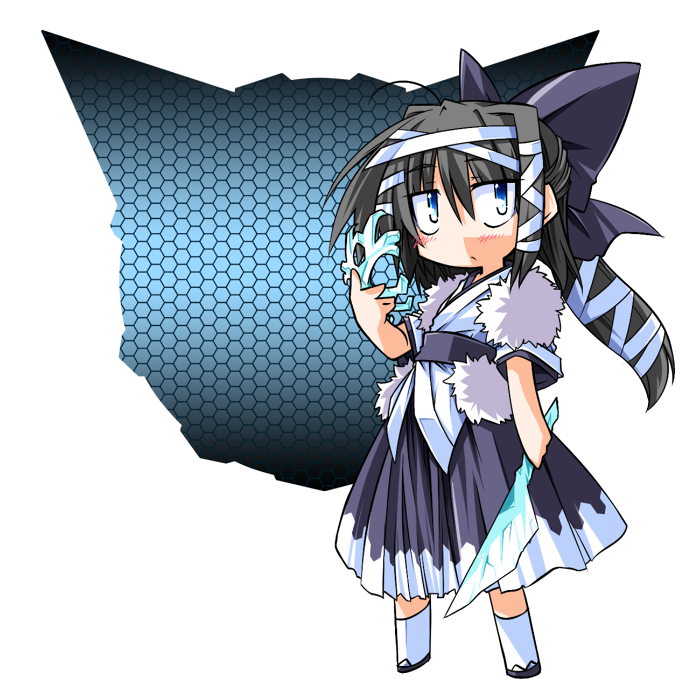 bandage, bandages, black_hair, blue_eyes, bow, glalie, hair_bow, hemogurobin_a1c, ice, ice_sculpture, knife, mask, personification, pokemon, pokemon_(game), pokemon_rse, silhouette, solo