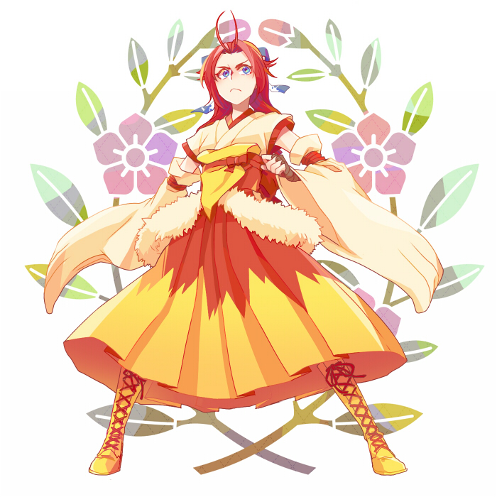 blaziken, blue_eyes, boots, detached_sleeves, fingerless_gloves, gloves, japanese_clothes, long_hair, matatabi_nia, personification, pokemon, pokemon_(game), pokemon_rse, solo