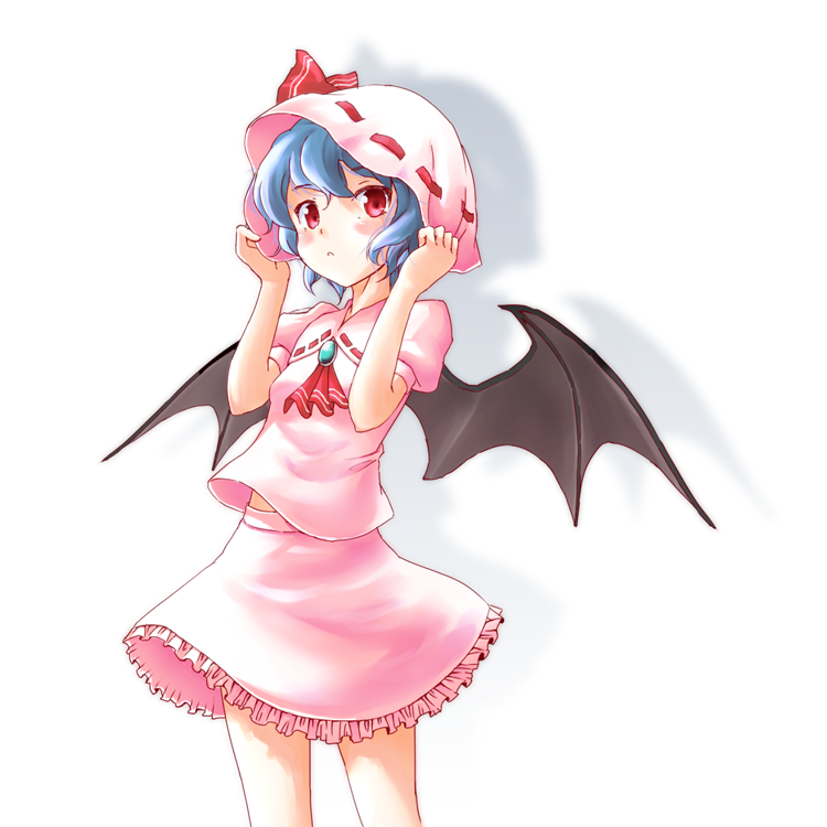 bat_wings, blue_hair, hat, hat_tug, kome_(d104_koumei), red_eyes, remilia_scarlet, short_hair, skirt, solo, touhou, wings