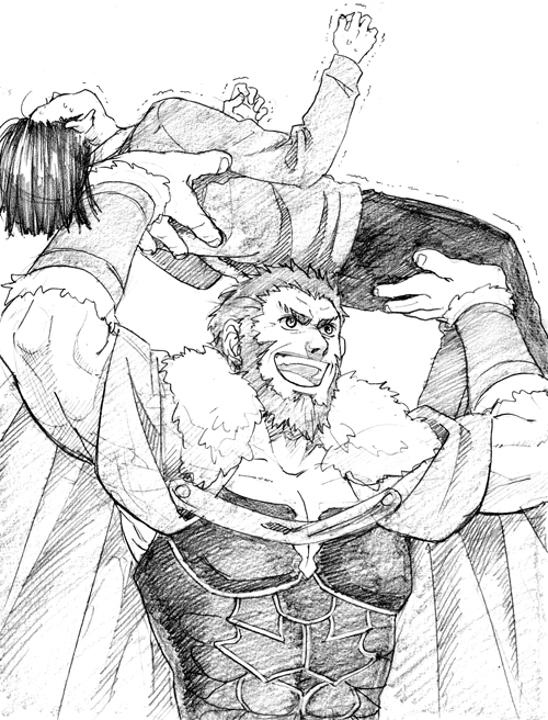 armor, beard, cape, facial_hair, fate/zero, fate_(series), graphite_(medium), greyscale