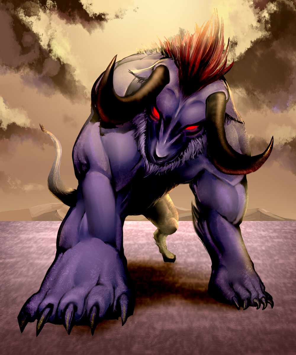 claws, final_fantasy, highres, horns, monster, no_humans, red_eyes, sky, solo, standing, tail, wewi_(1_2)