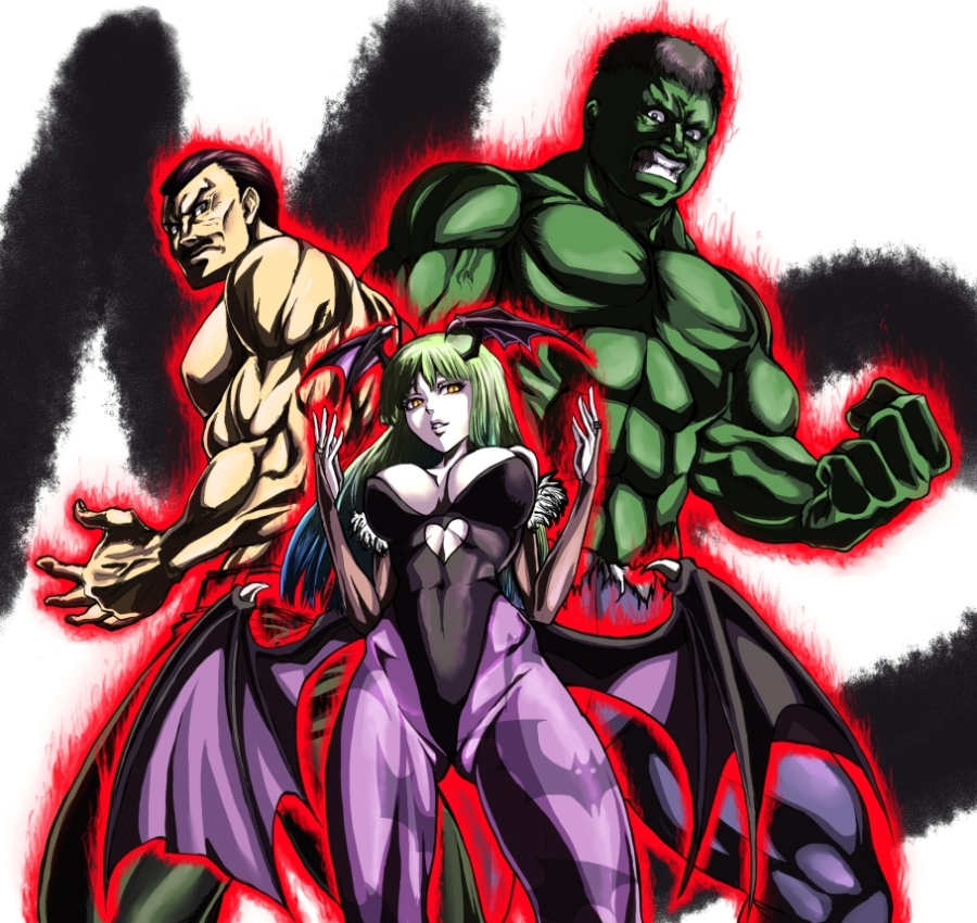 2boys, abs, bat_print, bat_wings, bridal_gauntlets, facial_hair, final_fight, green_hair