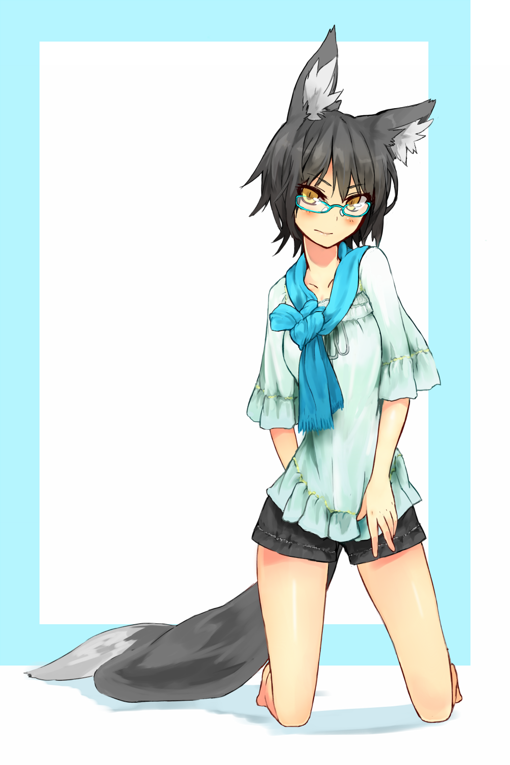 animal_ears, bare_legs, barefoot, black_hair, fox_ears, fox_tail, foxgirl, glasses
