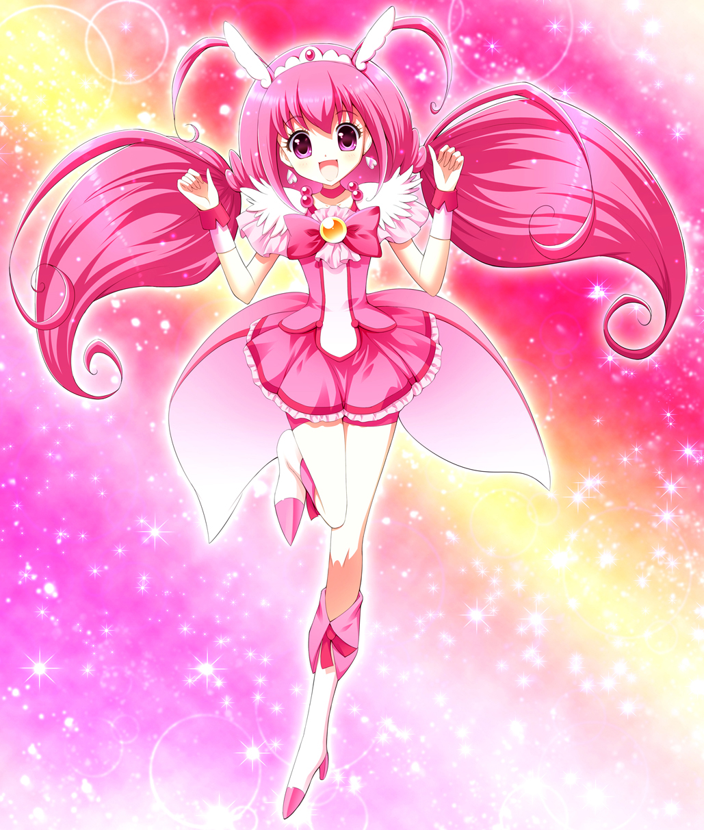 antenna_hair, bike_shorts, boots, bowtie, choker, cure_happy, dress, head_wings