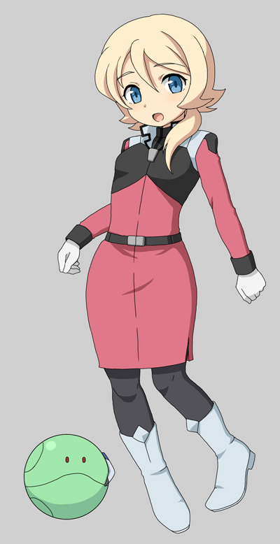 black_legwear, blonde_hair, blue_eyes, boots, cosplay, emily_armond, gloves, gundam