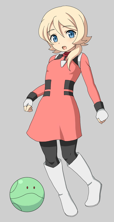 black_legwear, blonde_hair, blue_eyes, boots, dress, emily_armond, fingerless_gloves, gloves
