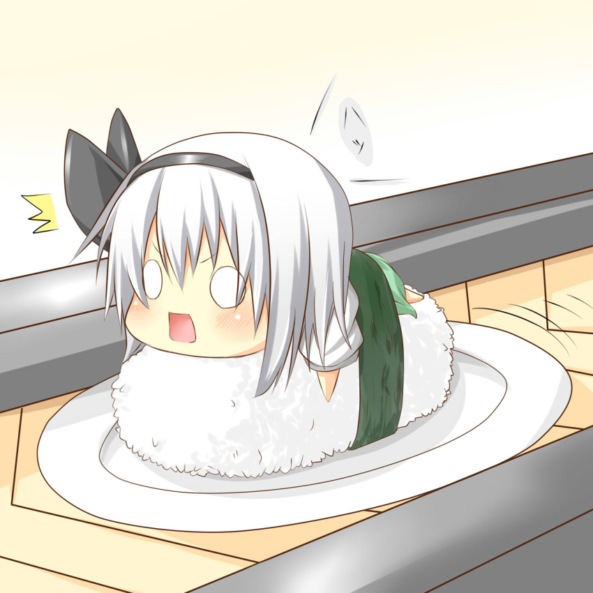 1girl, blush, chibi, conveyor_belt, food, hair_ribbon, highres, in_food