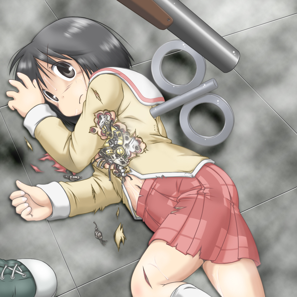 >:(, android, angry, black_eyes, black_hair, gaketsu, gun, injury