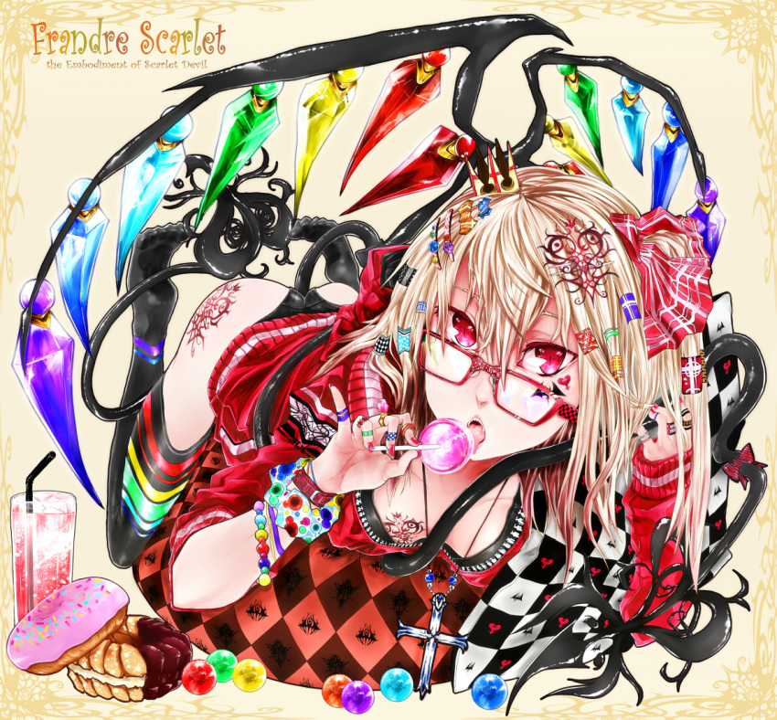 angelegna, asuke_yuki, black_legwear, black_panties, blonde_hair, bracelet, candy, cross