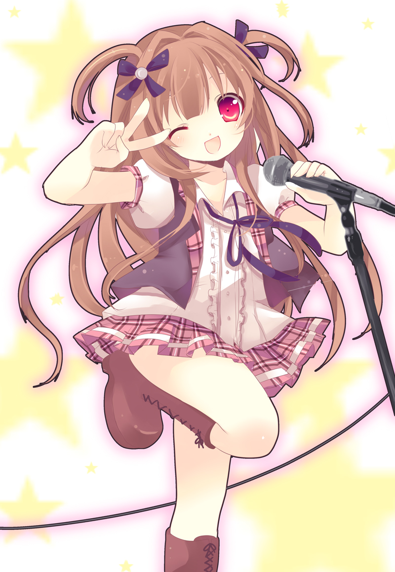 ;d, boots, brown_hair, hair_ribbon, idol, kosuzume, long_hair, microphone