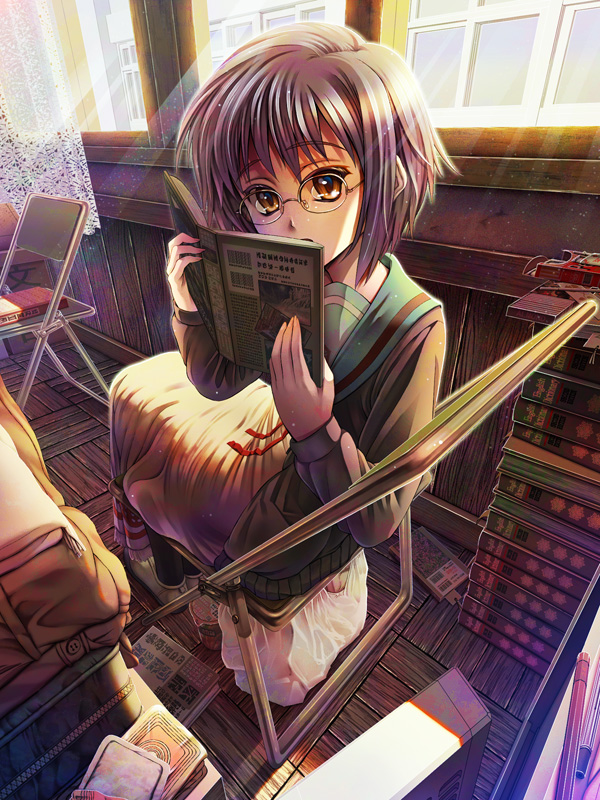 blanket, book, brown_eyes, cardigan, chair, foreshortening, glasses, grey_hair