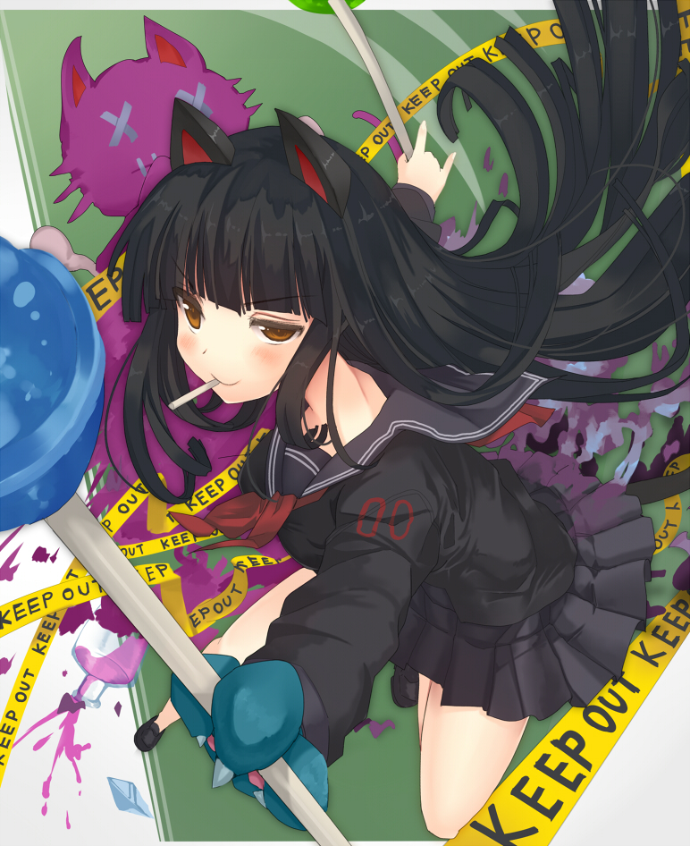 \n/, animal_ears, bare_legs, black_hair, blush, brown_eyes, candy, cat_ears