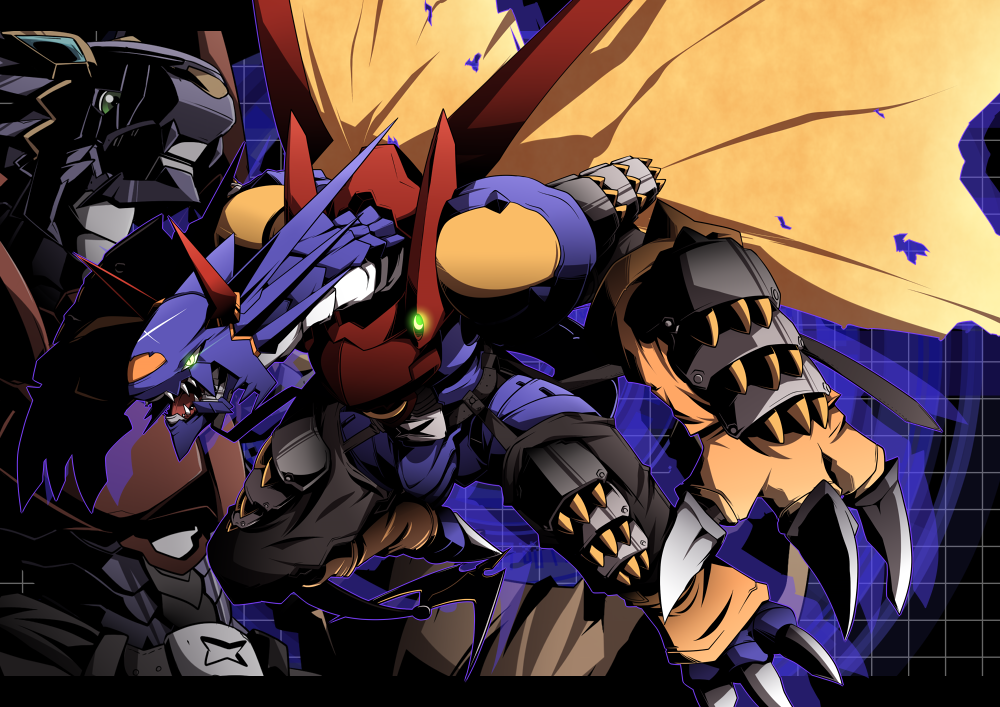 arresterdramon, arresterdramon_superior_mode, claws, digimon, digimon_xros_wars, gauntlets, glowing, glowing_eyes, green_eyes, grid, letterboxed, monster, nijiirosekai, no_humans, open_mouth, satsuki_mei_(sakuramochi), sharp_teeth, spikes, wings