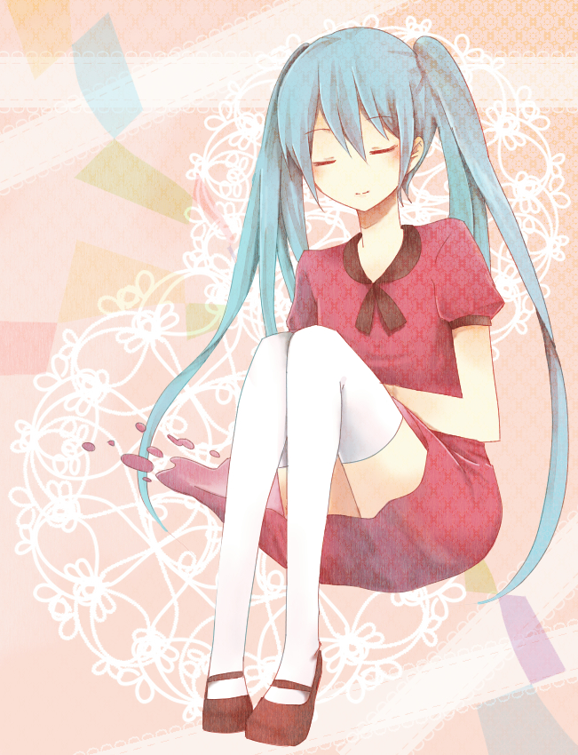 aqua_hair, bad_id, blush, closed_eyes, dress, eyes_closed, hatsune_miku, lace